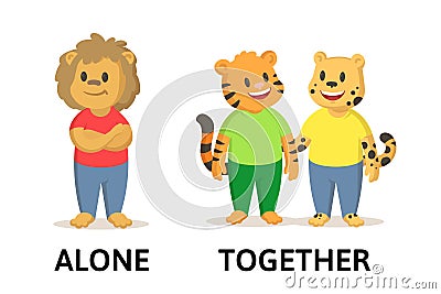 Words together and alone flashcard with cartoon animal characters. Opposite adjectives explanation card. Flat vector Vector Illustration