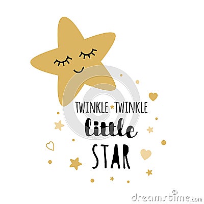 Words twinkle twinkle little star text with gold stars for girl baby shower card template Vector Illustration