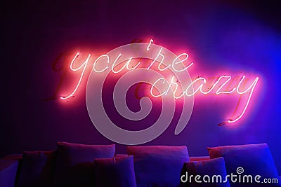 Words You're Crazy in neon lights on the wall Stock Photo