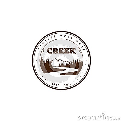 Vintage Retro River Creek Mountain Pine Cedar Spruce Tree Forest Logo Design Vector Vector Illustration