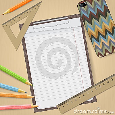 Work accessories on table. clipboard pencil line and mobile phone Stock Photo