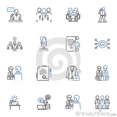 Work acquaintances line icons collection. Colleagues, Coworkers, Bosses, Subordinates, Peers, Associates, Allies vector Vector Illustration