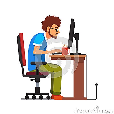 Work addict geek sitting at the computer desk Vector Illustration