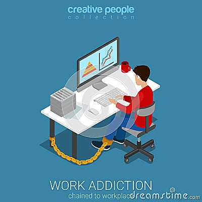 Work addiction man working computer flat 3d isometric vector Vector Illustration