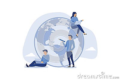 business people sitting around world map on globe working with online computer. flat vectore Vector Illustration