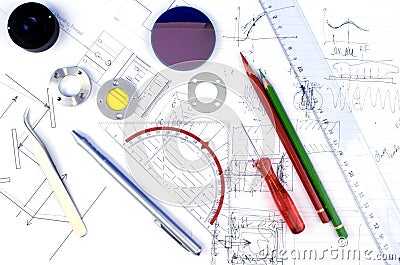 Work-area of an engineer and optics hardware developer Stock Photo