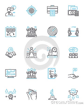 Work area linear icons set. Desk, Cubicle, Office, Warehouse, Studio, Studio, Factory line vector and concept signs Vector Illustration