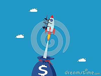 Work as a team for investment innovation. Business team flying in a rocket from a money bag Vector Illustration