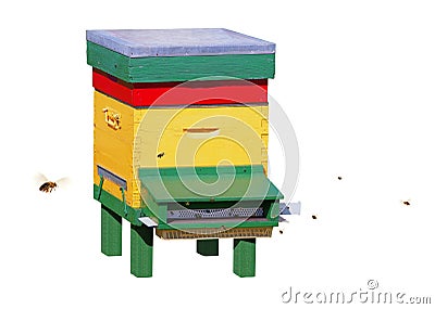 Colorful hive surrounded by bees. Stock Photo