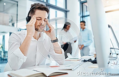 Work burnout, headache or stress for crm telemarketing sales worker, customer service or call center employee at office Stock Photo