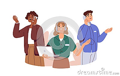 Work calls, business communication concept. Assistants, remote consultants, operators at helpdesk, customer support Vector Illustration