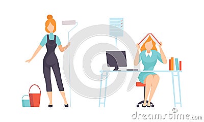 Work and Career with Woman Janitor with Mop and Bucket and Sitting at Office Desk Vector Set Vector Illustration