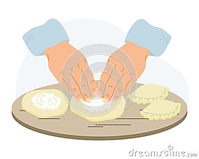The work of a cook in the kitchen. Illustration of hands with dough. Hands mold pies, dumplings. Food illustration Vector Illustration