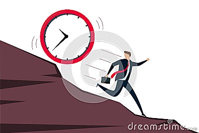 work deadline, tried businessman running away from falling rolling huge clock down hill Stock Photo