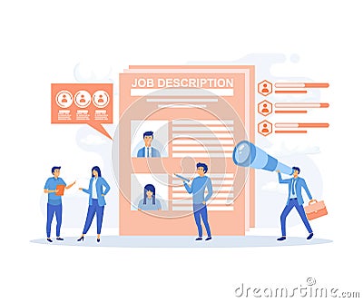 Work Descriptions Concept. Characters Reading Personnel Resume, Applicants Searching Job Learning Offers in Internet Resource Vector Illustration