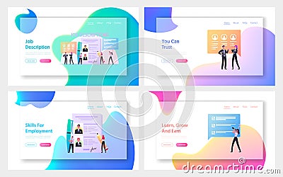 Work Descriptions Landing Page Template Set. Tiny Employer Characters Read Personnel Resume, Applicants Searching Job Vector Illustration