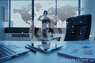 Work desk of businessman with laptop, globalization business Stock Photo