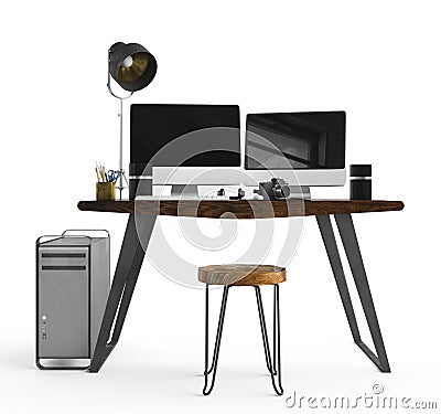 Work desk with a keyboard and two computer monitors on its surface, 3D rendered Stock Photo