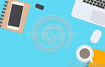 Work desk for office with stationery elements on the table. Top Vector Illustration