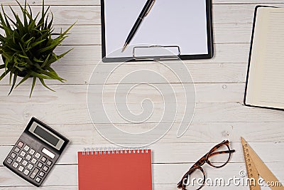 Work desk stationery paper folder office Stock Photo