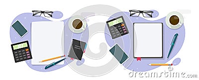 Work desk table vector overhead top view vector above illustration flat graphics design, study desktop with notebook note pad Vector Illustration