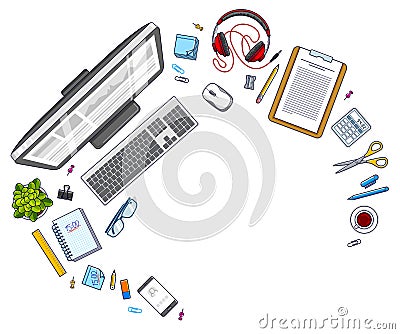 Work desk workspace top view with PC computer and a lot of different stationery objects on table with copy space for text. All Vector Illustration