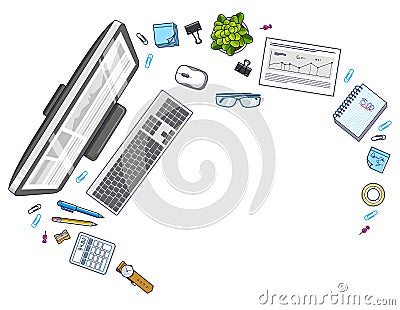 Work desk workspace top view with PC computer and a lot of different stationery objects on table with copy space for text. All Vector Illustration
