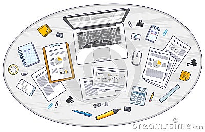 Work desk workspace top view with PC notebook and analytics papers with graphs and data and stationery objects on table. All elem Vector Illustration