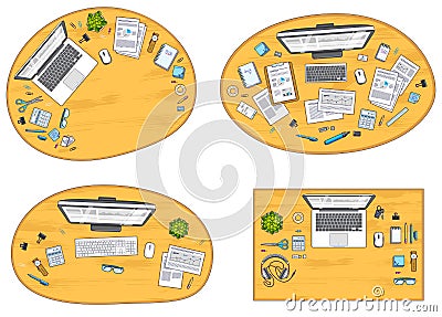 Work desks workspaces top view with PC or laptops and a lot of d Vector Illustration