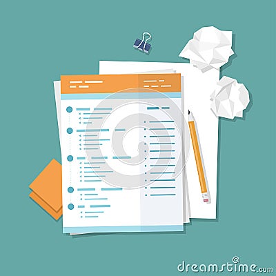 Work with documents, filling forms. Blank, crumpled paper, pencil, stickers, binder clip. Vector Illustration