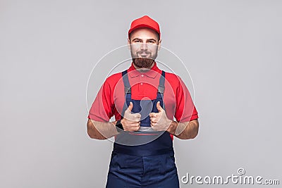 Work are done! Portrait of young satisfied cheerful repairman wi Stock Photo