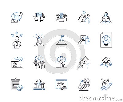 Work effectiveness outline icons collection. Efficiency, Productivity, Accuracy, Quality, Output, Proficiency Vector Illustration