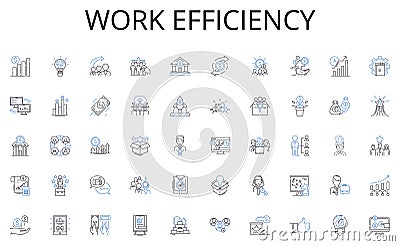 Work efficiency line icons collection. Binding, Covering, Folding, Stitching, Collating, Trimming, Creasing vector and Vector Illustration
