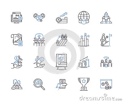 Work efficiency outline icons collection. Productivity, Effectiveness, Proficiency, Quickness, Speed, Dynamism Vector Illustration