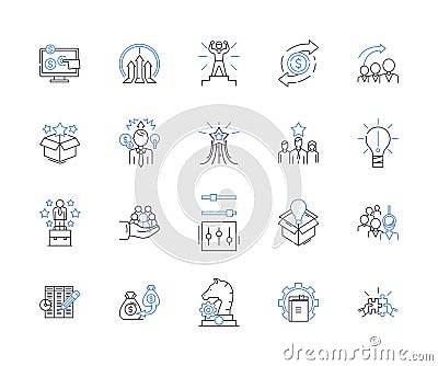 Work efficiency outline icons collection. Productivity, Effectiveness, Proficiency, Quickness, Speed, Dynamism Vector Illustration