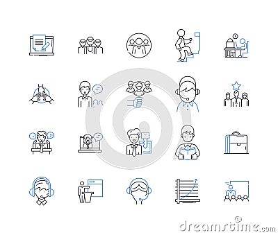 Work engagement line icons collection. Commitment, Fulfillment, Dedication, Passion, Motivation, Empowerment, Enthusiasm Vector Illustration