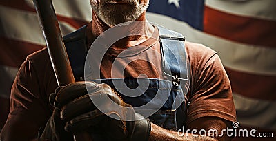 Work Ethic Unveiled, American Laborer's Hand Grasping the Tools with the american flag in the background. Generative AI Stock Photo