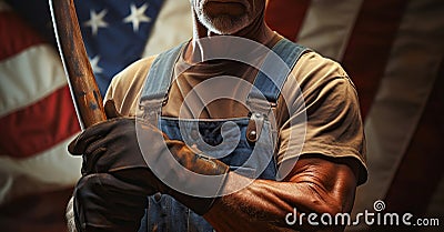 Work Ethic Unveiled, American Laborer's Hand Grasping the Tools with the american flag in the background. Generative AI Stock Photo