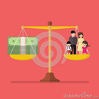 Work and Family balance on the scale Vector Illustration