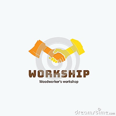 Work and Friendship Abstract Vector Symbol, Icon, Emblem or Logo Template. Woodworkers Workshop Logotype. Handshake of Vector Illustration