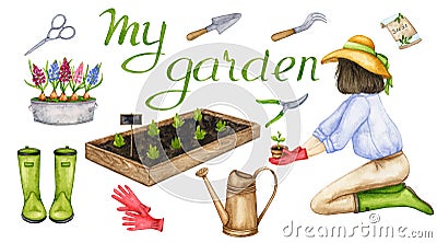 Work in the garden and orchard. Cartoon Illustration