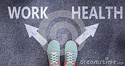 Work and health as different choices in life - pictured as words Work, health on a road to symbolize making decision and picking Cartoon Illustration