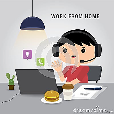 Work from home, Business team using laptop for online meeting in conference video call. People at home in quarantine. Character C Vector Illustration