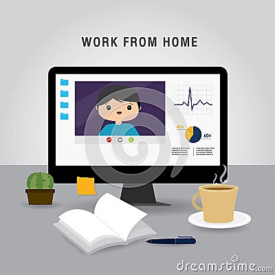 Work from home, Business team using laptop for online meeting in conference video call. People at home in quarantine. Character Ca Vector Illustration