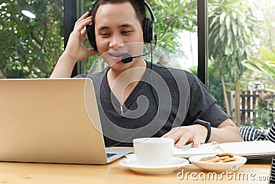 Work from home,Businessman working remotely from home. Using computer. Distance learning onlin Stock Photo