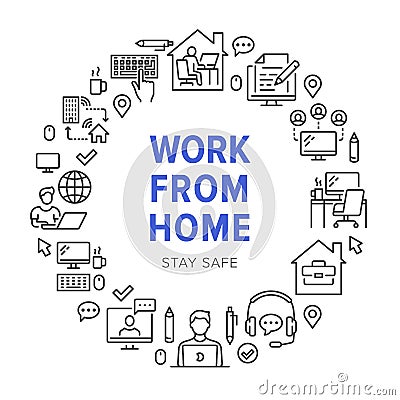 Work from home circle frame poster with line icons. Vector illustration included icon as freelance worker with laptop Vector Illustration