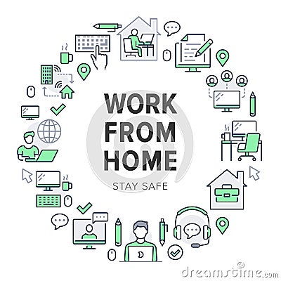 Work from home circle frame poster with line icons. Vector illustration included icon as freelance worker with laptop Vector Illustration