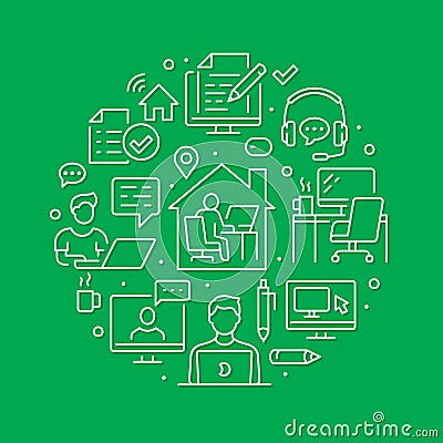 Work from home circle poster with line icons. Vector illustration - freelance worker, laptop, workplace, pc monitor Vector Illustration