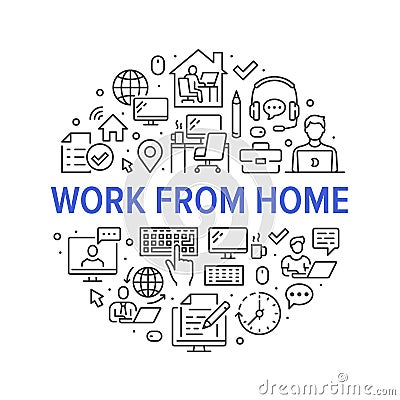 Work from home circle poster with line icons. Vector illustration included icon as freelance worker with laptop Vector Illustration