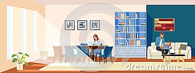 Work at home concept. Freelance female mother with a laptop sitting on a chair. A father and child watch a laptop in a Vector Illustration